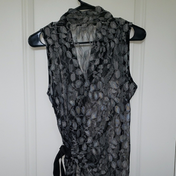 New York & Company Black and Gray Wrap Blouse with Notched Collar - Picture 6 of 6